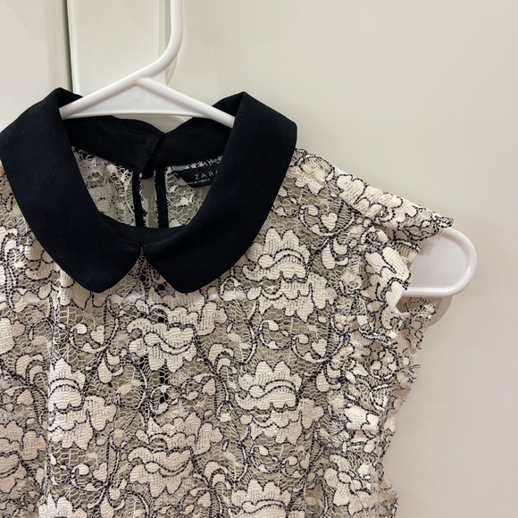 ZARA Ivory-white with black lace sleeveless top Peter pan collar size XS - Picture 2 of 4